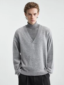 RONVEXI Men's Solid Color Casual Versatile Daily Wear Long Sleeve Sweater - Grey - View 1
