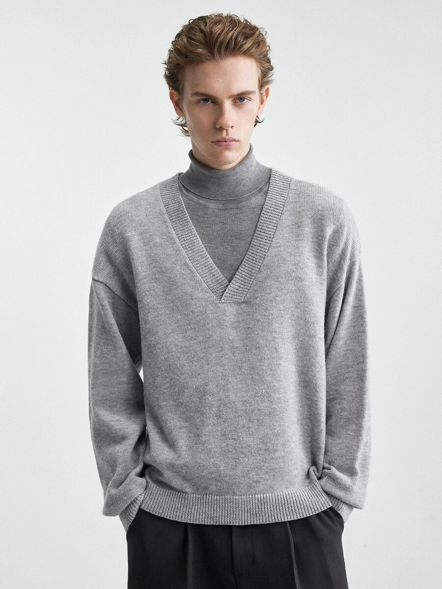 RONVEXI Men's Solid Color Casual Versatile Daily Wear Long Sleeve Sweater - Grey - View 1