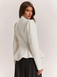 SHEIN BAE Women's Solid Color Casual Commute Travel Long Sleeve Blazer - Beige - View 2