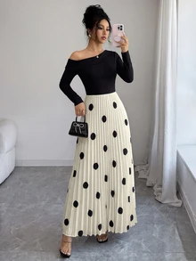 Elenzga Gaun Lengan Panjang Wanita Elegan dengan Bahu Asimetris dan Motif Polkadot Patchwork - Hitam dan Putih - View 5