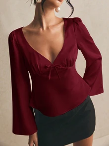 Poéselle Women's Solid Color Bowknot Decor Flare Sleeve Top - Burgundy - View 4