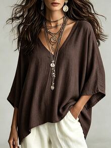 SHEIN Women's Minimalist Casual Comfortable Loose Cotton Linen Blouse - Chocolate Brown - View 5