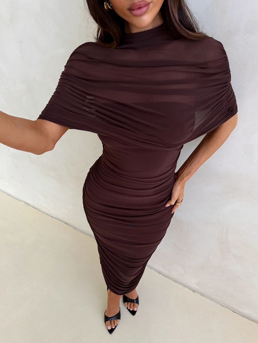 Aloruh Elegant Mesh Ruched Long Dress For Party, Evening, New Year's Eve - Brown - View 1