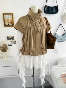 Soleia Autumn/Winter Zipper Pleated Vest Sleeveless Jacket - Beige - View 6