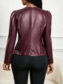SHEIN Lady 女款 PU 皮革機車夾克 優雅開襟外套 金黃色 秋季商務辦公室穿搭 - 酒紅色 - 查看 2