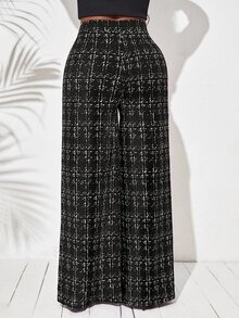 SHEIN Lady 女款優雅格紋長褲，腰部飾有金屬扣裝飾 - 彩色 - 查看 2