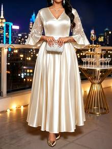 SHEIN Lady CURVE Plus Size V-Neck Flared Sleeve Rhinestone Tassel A-Line High Waist Dress - Apricot - View 3