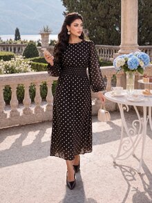 Dripcurv Plus Size Women Polka Dot Casual Party Summer Dress - Brown - View 4