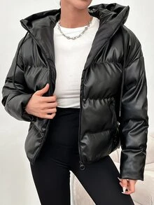 SHEIN Solid Color Zip Up Padded PU Coat - Black - View 3