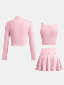SHEIN Tween女孩秋冬時尚休閒純色藍色長袖立領拉鍊T恤背心迷你裙褲3件套返校裝 - 粉色 - 查看 2