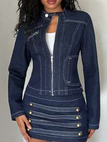 Jeanoix Women's Y2K Stand Collar Zipper Washed Denim Jacket - Dark Wash - View 1