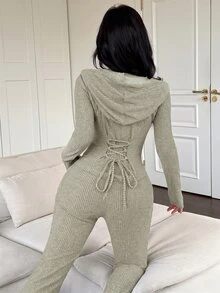 Feyla 女款街頭風拉鍊長袖連帽衛衣與口袋長褲兩件套 - 綠色 - 查看 1
