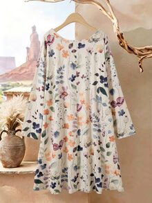 Rusticease Women's Plus Size Scoop Neck Long Sleeve Printed Dress Fall - Multicolor - View 3