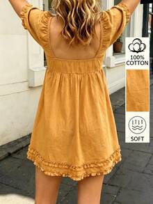 Cévolie Gaun Wanita Warna Polos Lengan Pendek Kelopak Lengan Kerah Kotak Pinggang Tinggi dengan Rumbai di Bagian Bawah - Kuning - View 2