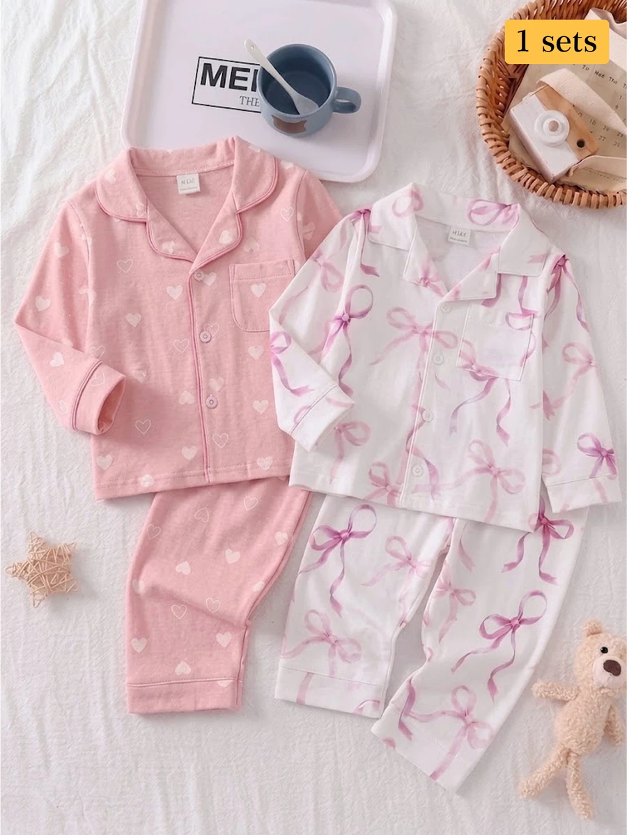 SHEIN 1 Set Baby Girl Sweet Cute Elegant Skin-Friendly Soft Comfortable Casual Daily Pink Heart Bow Rabbit Cartoon Print Open Front Knit Long Sleeve Top And Pants 2 Pieces Set Loungewear - Baby Pink - View 1