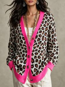 Balvessa Vintage Leopard Print V-Neck Single-Breasted Tortoiseshell Button Drop Shoulder Long Sleeve Ribbed Hem Lazy Women's Cardigan - Multicolor - View 1
