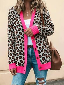 Balvessa Vintage Leopard Print V-Neck Single-Breasted Tortoiseshell Button Drop Shoulder Long Sleeve Ribbed Hem Lazy Women's Cardigan - Multicolor - View 4