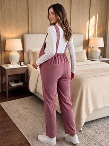 SHEIN Maternity Corduroy Pink Straight Leg Overalls With Wide Strap Frill Trim Front Pockets Adjustable Back Buckles Cute Loose Fit Casual Fall - Pink - View 3