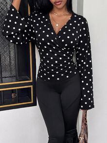 Slaydiva 女款波點V領休閒日常長袖T恤 - 黑色 - 查看 6
