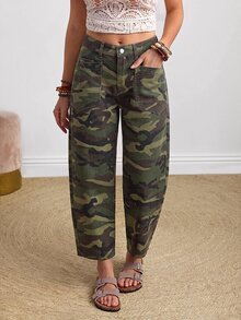 SHEIN PETITE 女款迷彩休閒日常牛仔褲，附口袋與鈕扣設計 - 軍綠色 - 查看 4