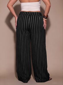 SHEIN BAE CURVE 大尺碼女款條紋寬腿高腰西裝長褲 - 黑色 - 查看 4
