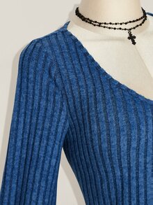 SHEIN ICON 女款秋冬復古極簡V領喇叭袖毛絨羅紋黑色緊身洋裝 - 寶藍色 - 查看 7