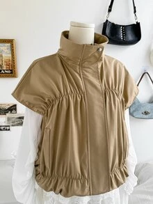 Soleia Autumn/Winter Zipper Pleated Vest Sleeveless Jacket - Beige - View 8