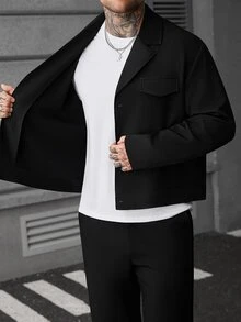 SLATEMANN Men's Fashion Minimalist Solid Color Business Commute Button Long Sleeve Jacket - Black - View 8