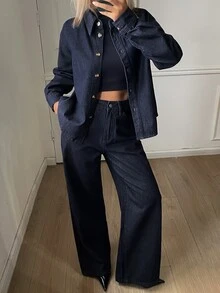 DAZY Women's Single-Breasted Long Sleeve Top & Pants Denim Set - Blue - View 3