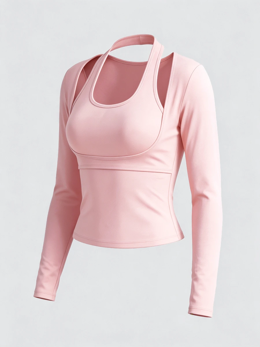 Sweetra Women's Fashion Elegant Elegant Comfortable Long Sleeve Fitted 2 In 1 Design Mesh T-Shirt Top - Baby Pink - View 1