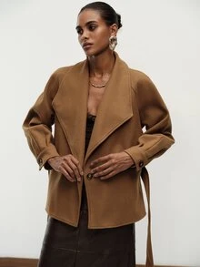 Aveloria Modichic Women Overcoat Oversized Wrap Woolen Wide Lapel Belted Raglan Lantern Sleeve Elegant Camel Solid Camel Coat Office Outfit Minimalist Thanksgiving - Brown - View 3