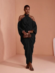 JIAN LASALA Black Chiffon Bat Sleeve Off Shoulder Halter Neck Long Dress - Black - View 6