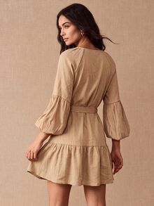 CielaLinda Gaun Mini Kemeja Wanita Warna Aprikot dengan Kancing Depan, Detail Kerut dan Lengan Puff - Khaki - View 2