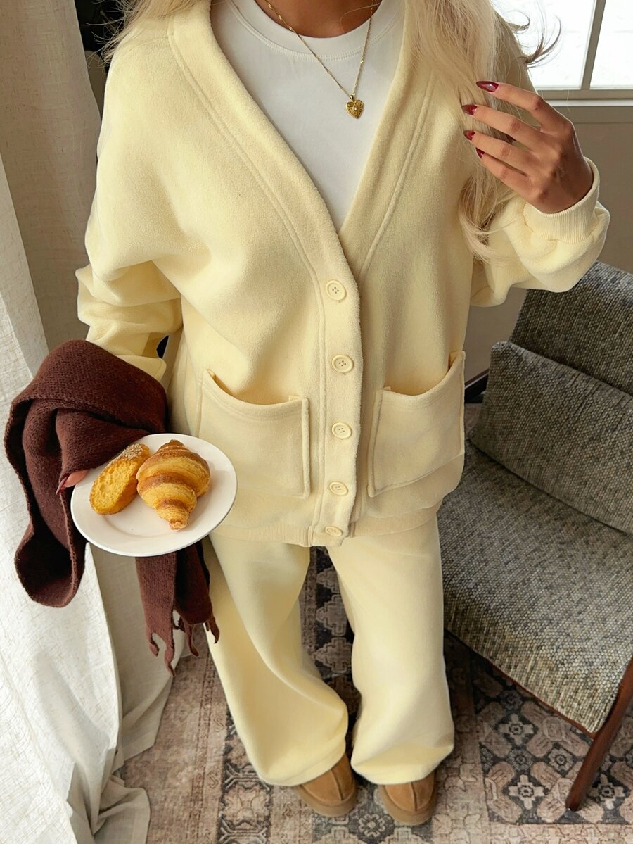 CovetEZ Women's Solid Color Long Sleeve Cardigan & Pants Casual Two Pieces Set - Light Yellow - View 1