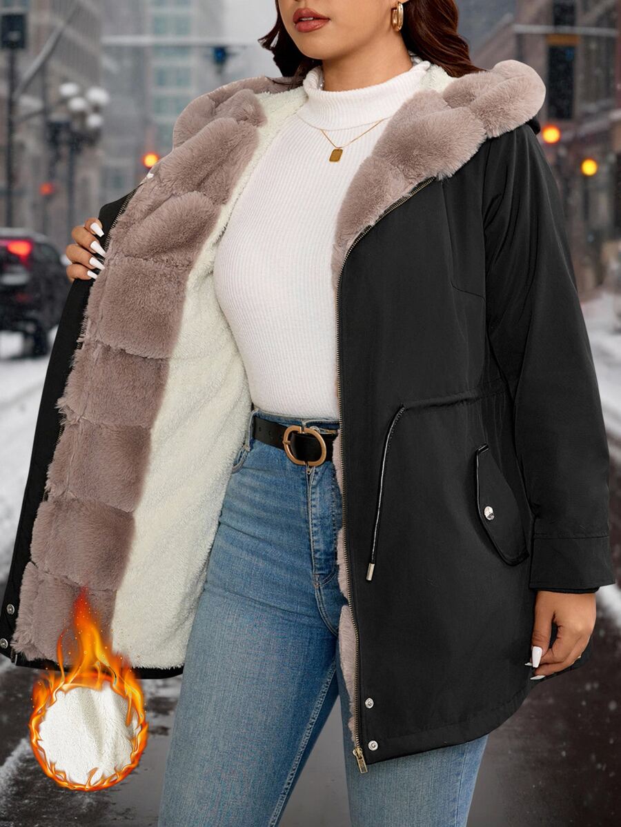 SHEIN CURVE+ معطف باركا شتوي مبطن بفرو تيدي مع خصر مشدود وغطاء رأس - الأسود - مشاهدة 1