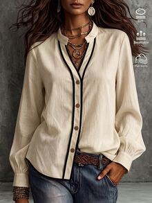 LUMIGAL Women's Elegant Casual Daily Colorblock V-Neck Button-Up Long Sleeve Loose Textured Regular Fit Thin Jacket - Multicolor - View 1