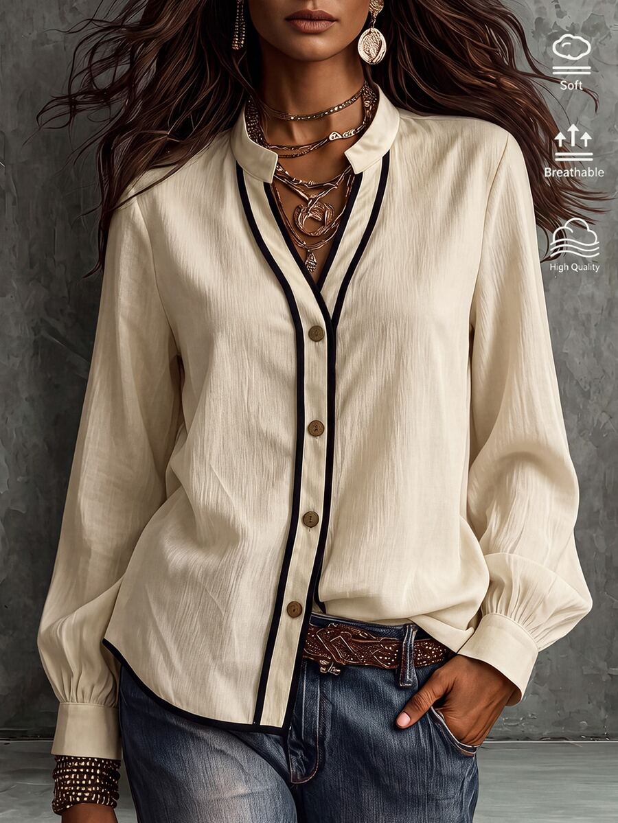 LUMIGAL Women's Elegant Casual Daily Colorblock V-Neck Button-Up Long Sleeve Loose Textured Regular Fit Thin Jacket - Multicolor - View 1