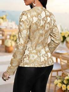 Fleurora 大尺碼優雅性感緹花鈕扣長袖夾克 正式晚宴派對 白色 秋季 - 金色 - 查看 2