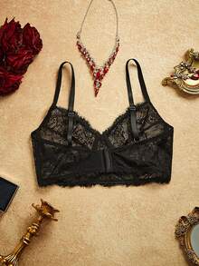 PinupPomp 1pc Women's Black Lace Eyelash Trim Sexy Bra, Lingerie For Girls - Black - View 2