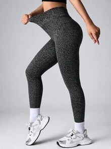 SHEIN Core Rhythm 女款豹紋交叉腰緊身運動內搭褲 - 灰色 - 查看 5