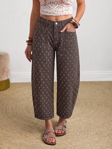 SHEIN PETITE 女款時尚提花鈕扣口袋牛仔短褲 - 咖啡棕 - 查看 4