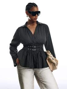 LYSMO Plus Size Women's Plaid Long Sleeve Waist Eyelet Buckle Casual Shirt Fall - Multicolor - View 7