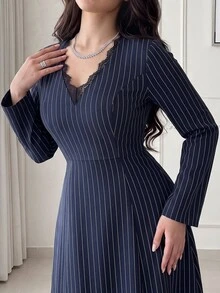 Feyla Women's Contrast Lace V-Neck Striped Long Sleeve Elegant Mid-Length Dress - Navy Blue - View 1