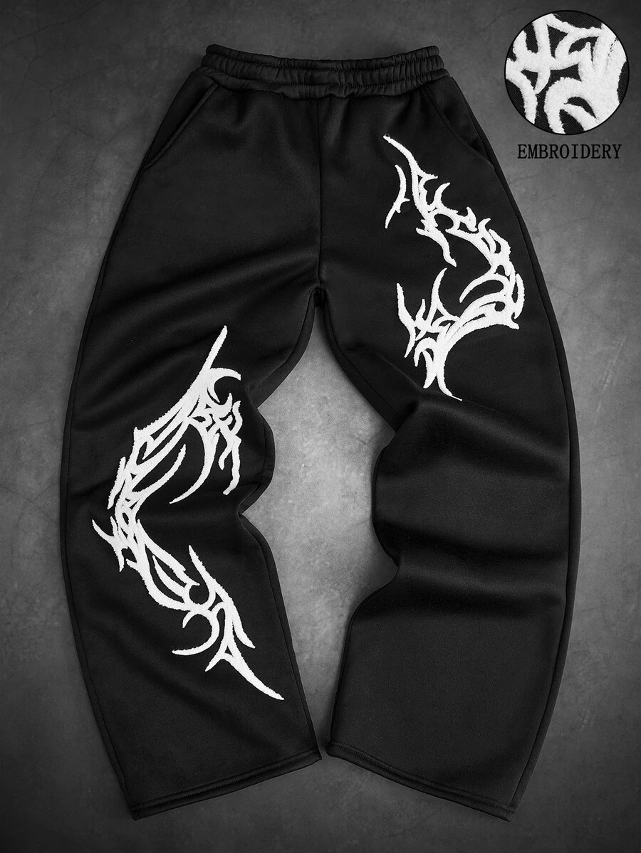 Manfinity Roghcode 男士街頭哥德風 3D 刺繡直筒運動長褲,寬鬆版型,中性款,街頭休閒風,舒適運動長褲 - 黑色 - 查看 1