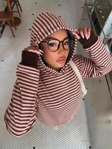 Muchica Plus Size Women's Striped Casual Daily Wear Hooded Sweatshirt - Multicolor - View 6