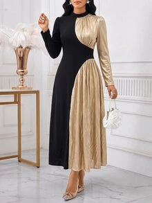 SHEIN Lady Gaun Elegan Wanita dengan Kerah Tegak dan Lengan Panjang Mengembang, Motif Blok Warna - Hitam - View 3