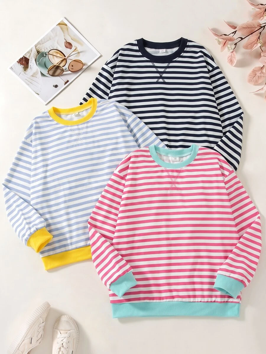 Girls' Casual Colorblock Ribbed Striped Drop Shoulder Crew Neck X Stitch Decor Pullover Sweatshirt 3 Pieces Set - Multicolor - View 1
