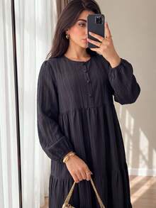 Al Najma Women's Elegant Minimalist Round Neck French Chic High-End Long Sleeve Plus Size Arabian Dress - Multicolor - View 4