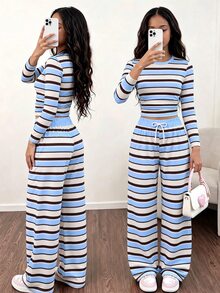 SHEIN Sparklyn Tween女孩休閒百搭日常修身短版印花針織上衣+彈性直筒長褲套裝，適合日常通勤、上學、運動，拼色拼接腰頭 - 藍色 - 查看 4