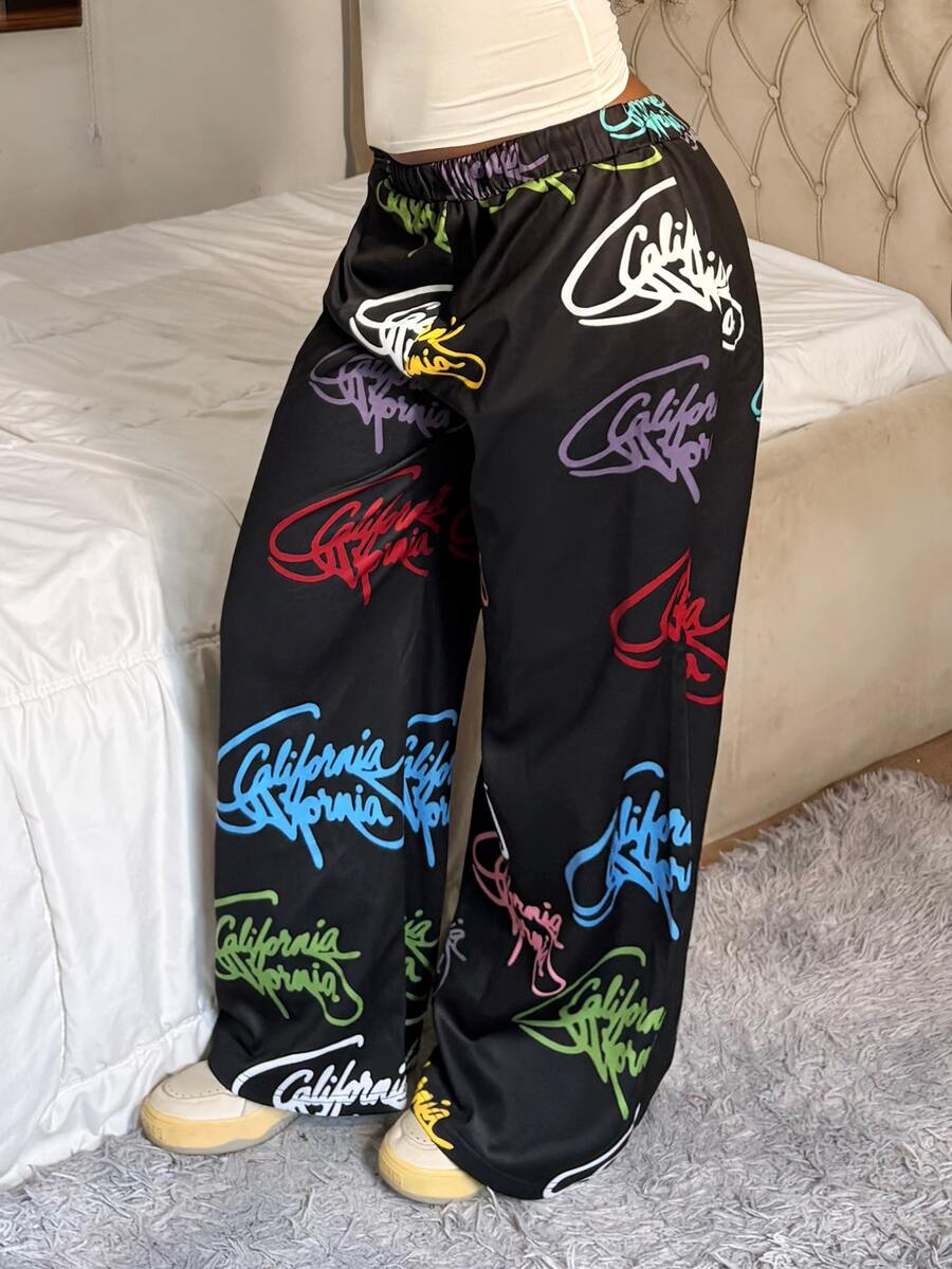 StreetHx Printed Street Style Straight Leg Loose Fit Long Pants - Black - View 1